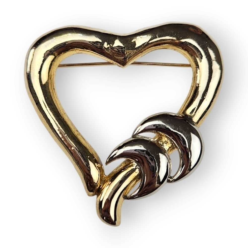 Vintage Open Heart Brooch Crescent Moon Two Tone Shiny Silver Gold Plated 2.25"